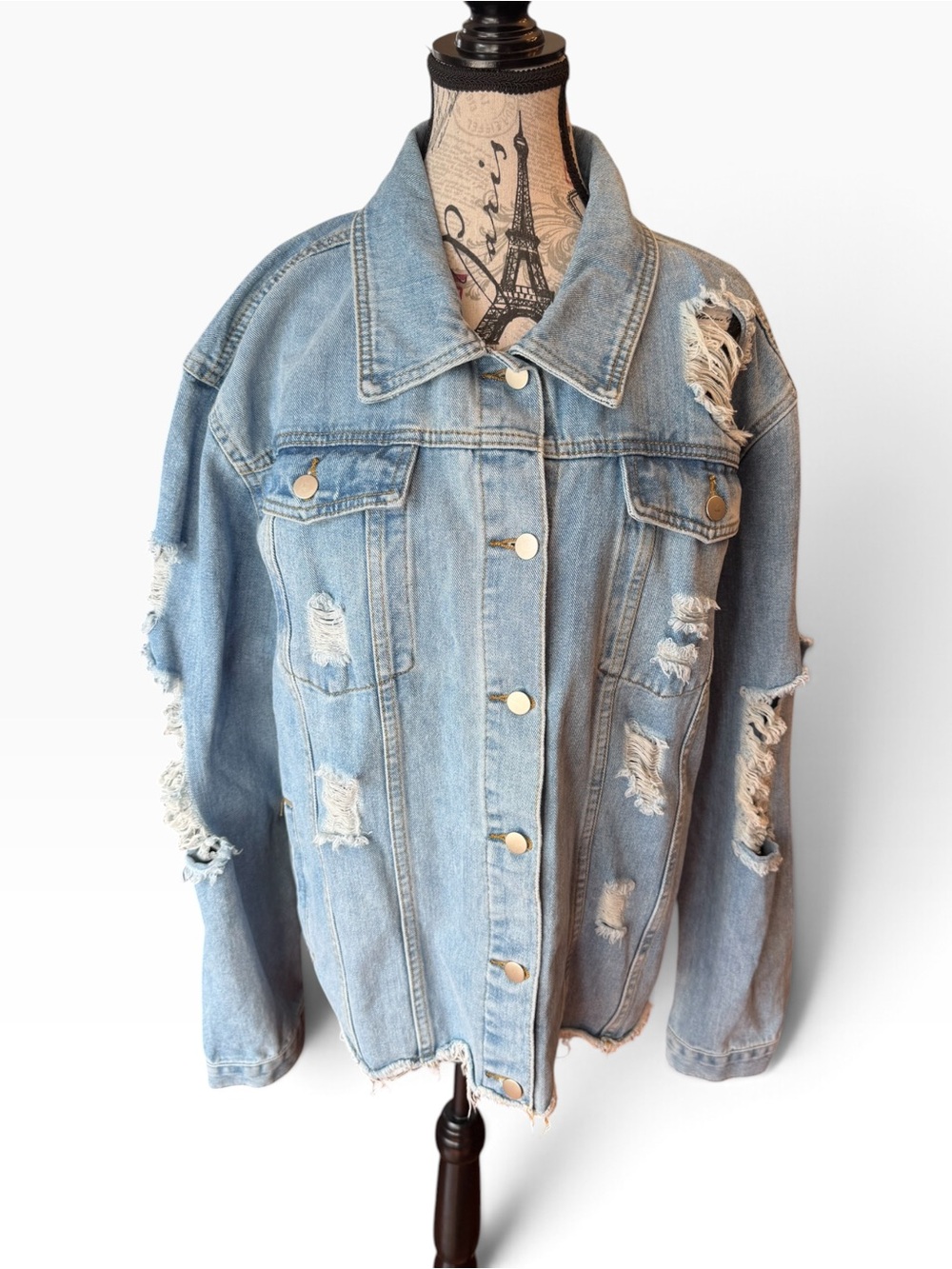 PrettyLittleThing Light Wash Distressed Oversized Denim Jacket